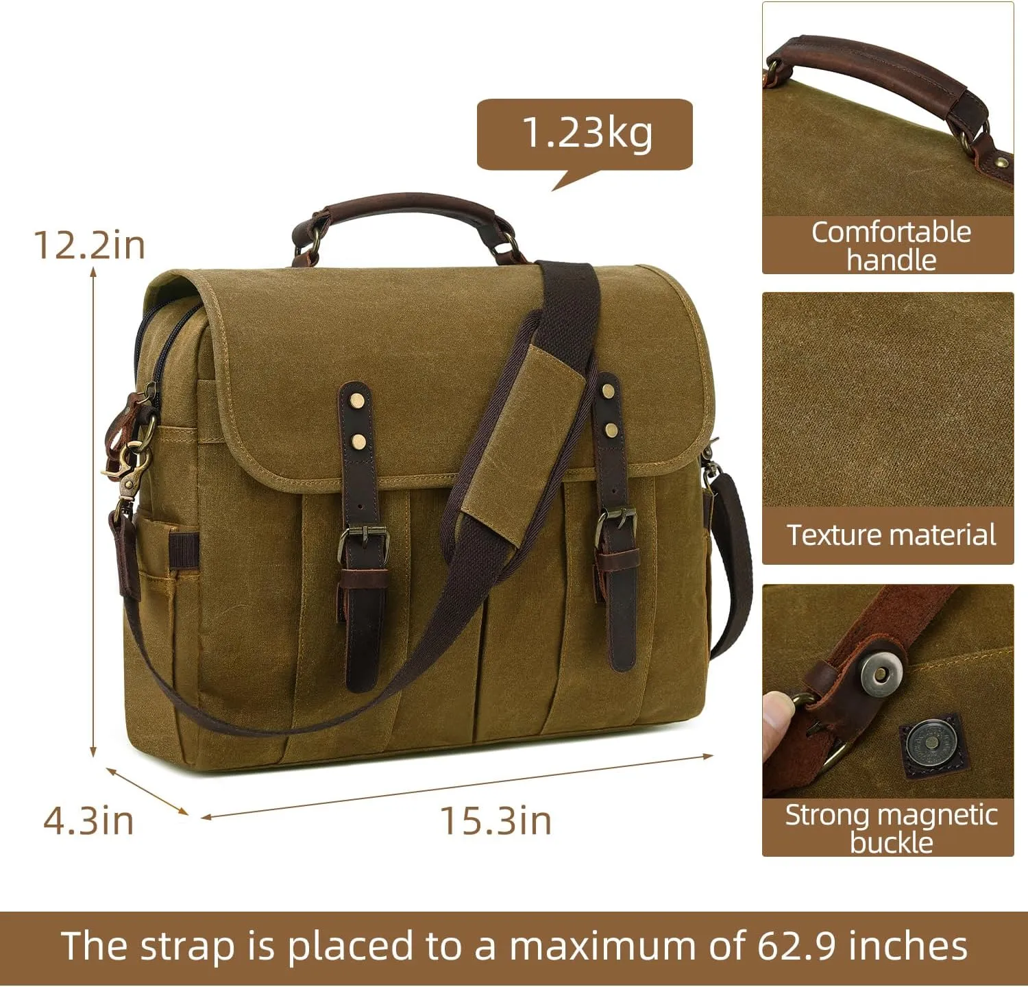 Vintage Mens Messenger Bag 15.6 inches Waterproof Genuine Leather Waxed Canvas Satchel Shoulder Bag Briefcase Laptop Bag with Charging,Headset Port,Khaki