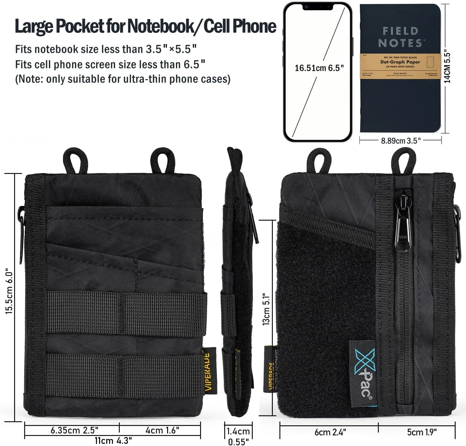 VIPERADE VE18 EDC Pouch, Pocket Organizer Pouch for Men, EDC Pocket Organizer Pouch, 3 Slots with 2 Zipper Pockets, Velcro Pouch Multitool Pouch