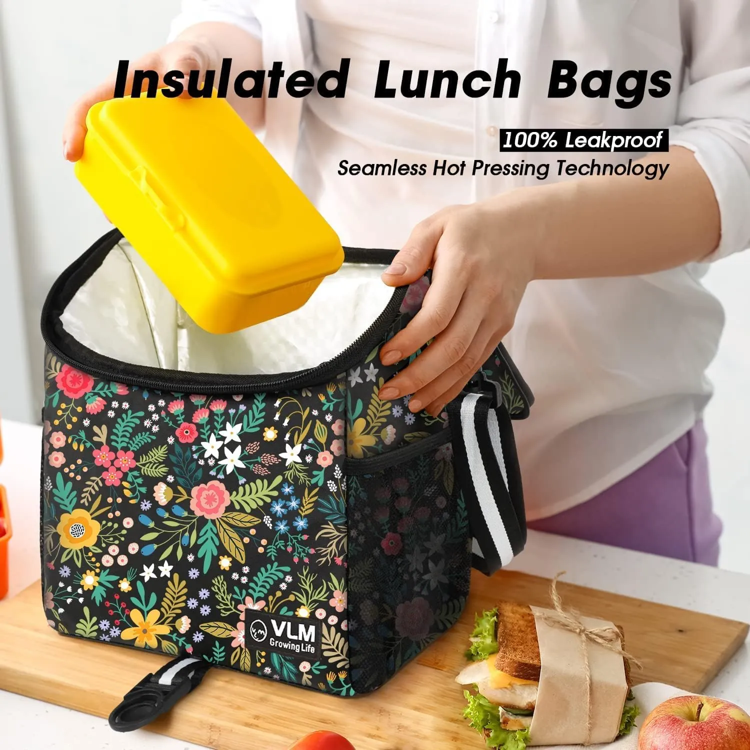 VLM Lunch Box for Women, Insulated Lunch Bag Women with Adjustable Shoulder Strap, Cute Lunch Tote Bag for Work,Picnic,Camping