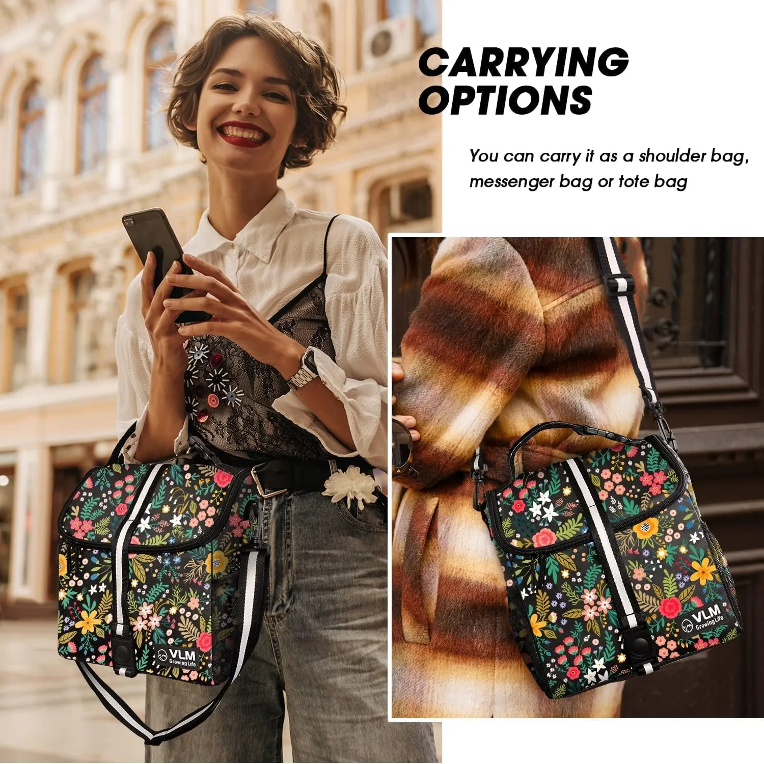 VLM Lunch Box for Women, Insulated Lunch Bag Women with Adjustable Shoulder Strap, Cute Lunch Tote Bag for Work,Picnic,Camping