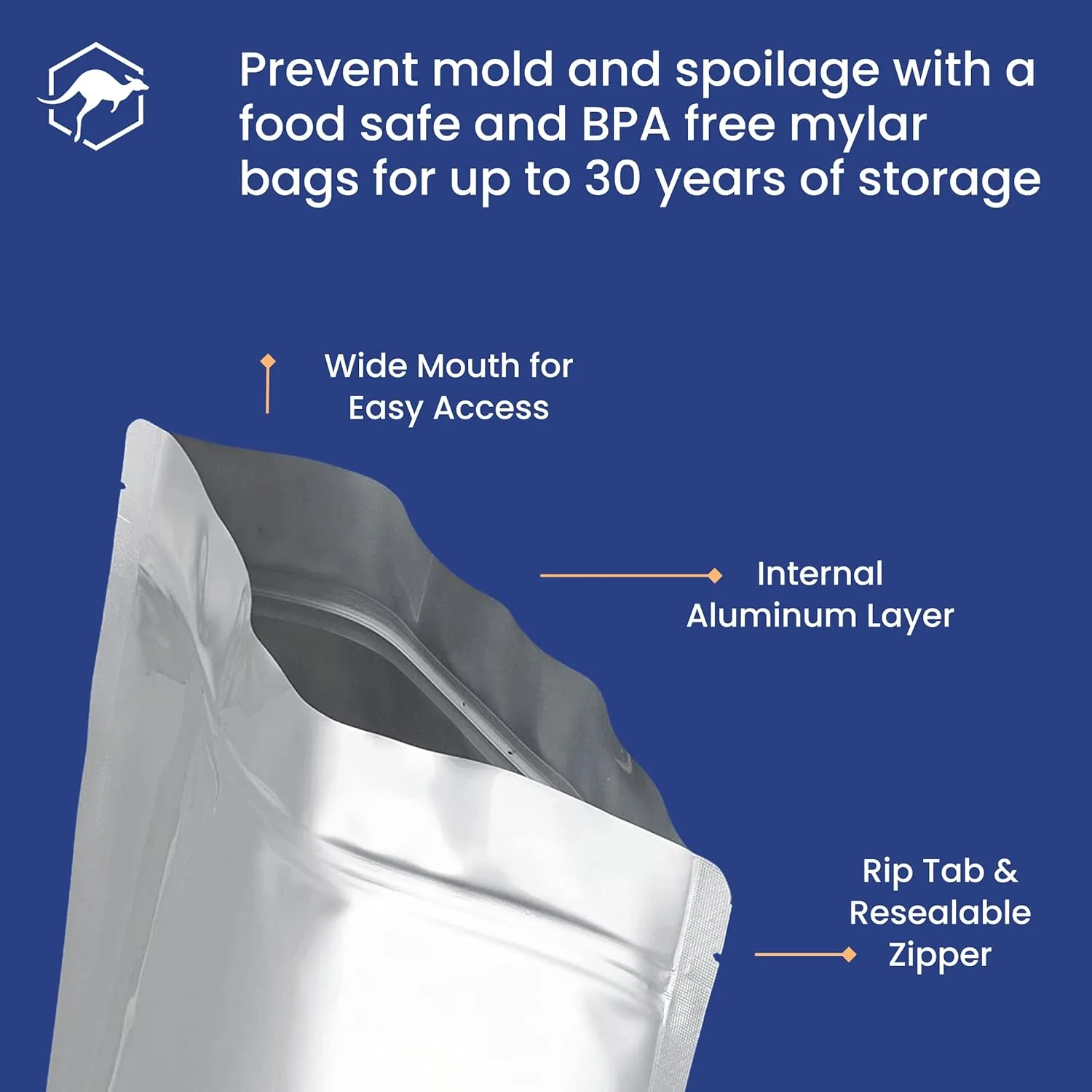 Wallaby 50 Count 1-Gallon Gusset Mylar Bags with Labels, 15 Mil Total Thicker Long-Term Food Storage Pouches, 10x14 Stand-Up Zipper Heat-Sealable Airtight Packaging - Silver