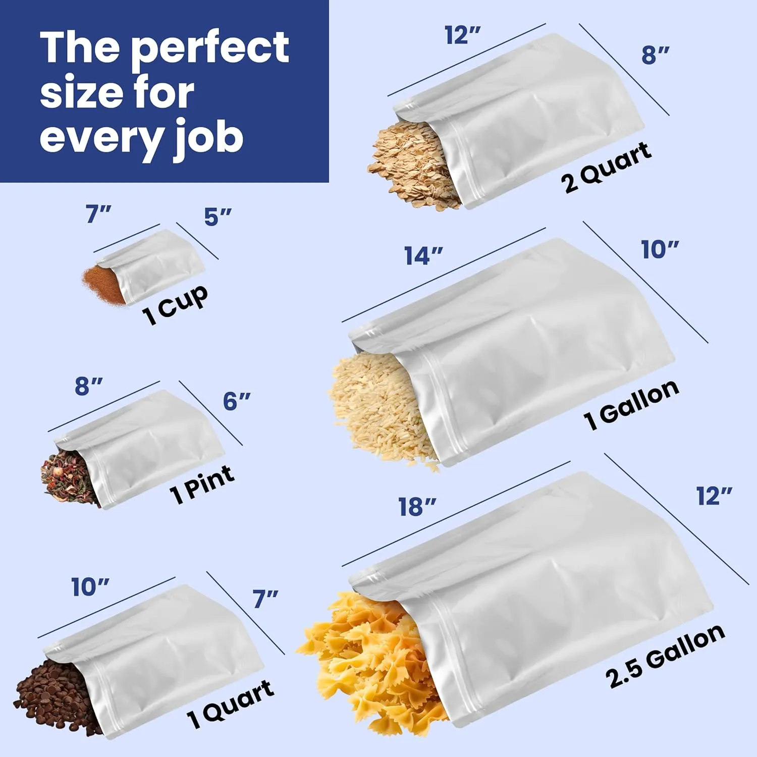 Wallaby 50 Count 1-Gallon Gusset Mylar Bags with Labels, 15 Mil Total Thicker Long-Term Food Storage Pouches, 10x14 Stand-Up Zipper Heat-Sealable Airtight Packaging - Silver