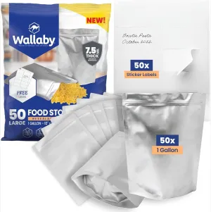 Wallaby 50 Count 1-Gallon Gusset Mylar Bags with Labels, 15 Mil Total Thicker Long-Term Food Storage Pouches, 10x14 Stand-Up Zipper Heat-Sealable Airtight Packaging - Silver
