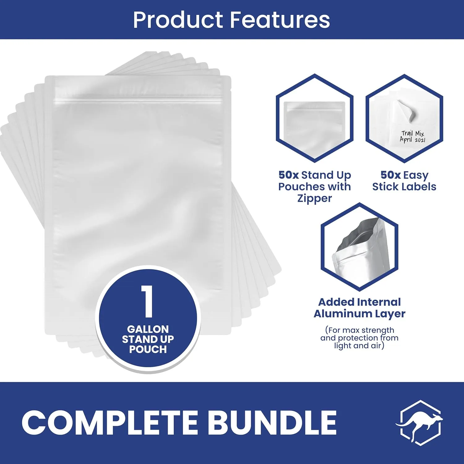 Wallaby 50 Count 1-Gallon Gusset Mylar Bags with Labels, 15 Mil Total Thicker Long-Term Food Storage Pouches, 10x14 Stand-Up Zipper Heat-Sealable Airtight Packaging - Silver