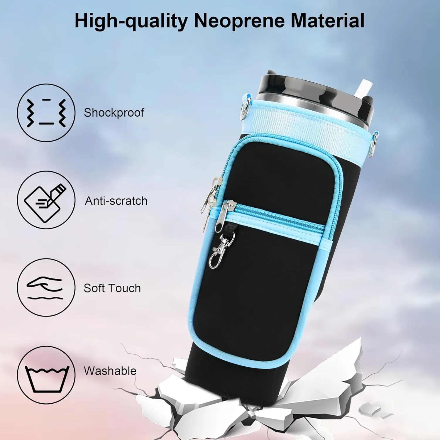 Water Bottle Carrier Bag with Strap for Stanley 40/30 oz Tumbler with Handle, Water Bottle Holder Pouch with Phone Pocket for Stanley Cup Accessories, fit Walking Hiking Travel