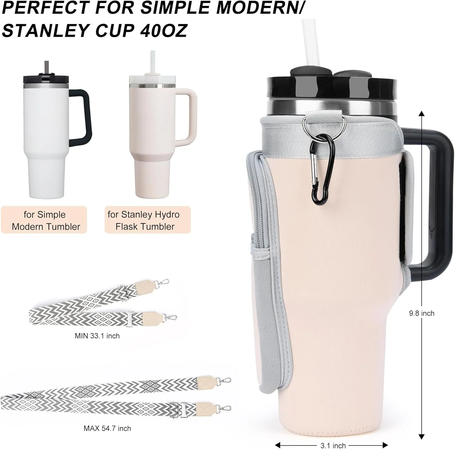 Water Bottle Carrier Bag with Strap for Stanley 40/30 oz Tumbler with Handle, Water Bottle Holder Pouch with Phone Pocket for Stanley Cup Accessories, fit Walking Hiking Travel