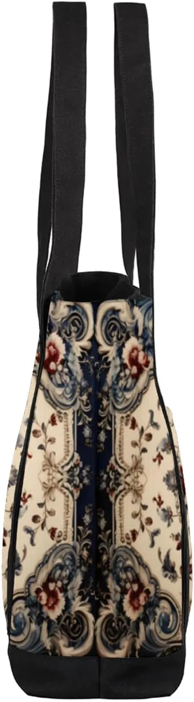 Watercolor Blue Wildflower Canvas Tote Bag Casual Shoulder Handbag Large Shopping Bags With 5 Pocket