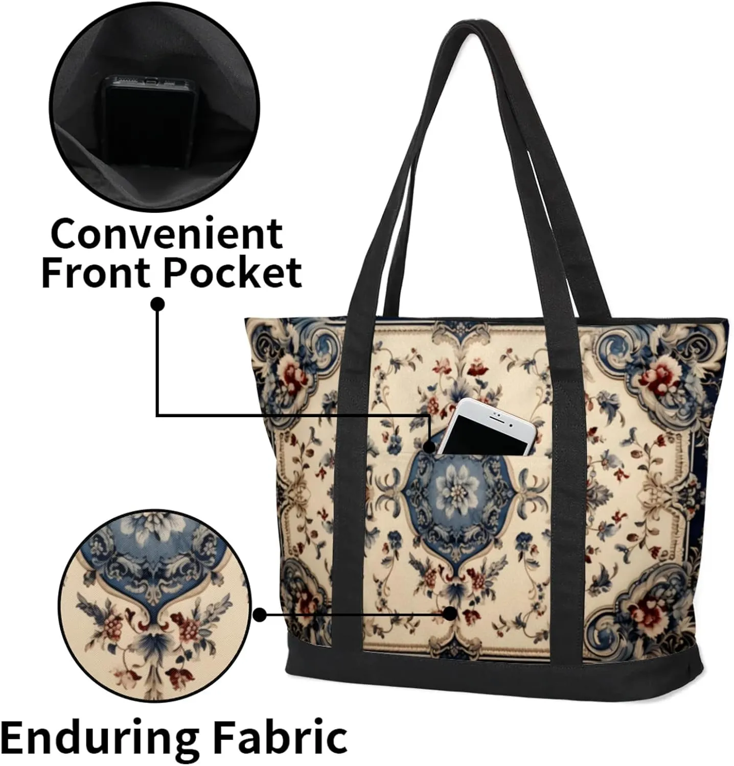 Watercolor Blue Wildflower Canvas Tote Bag Casual Shoulder Handbag Large Shopping Bags With 5 Pocket