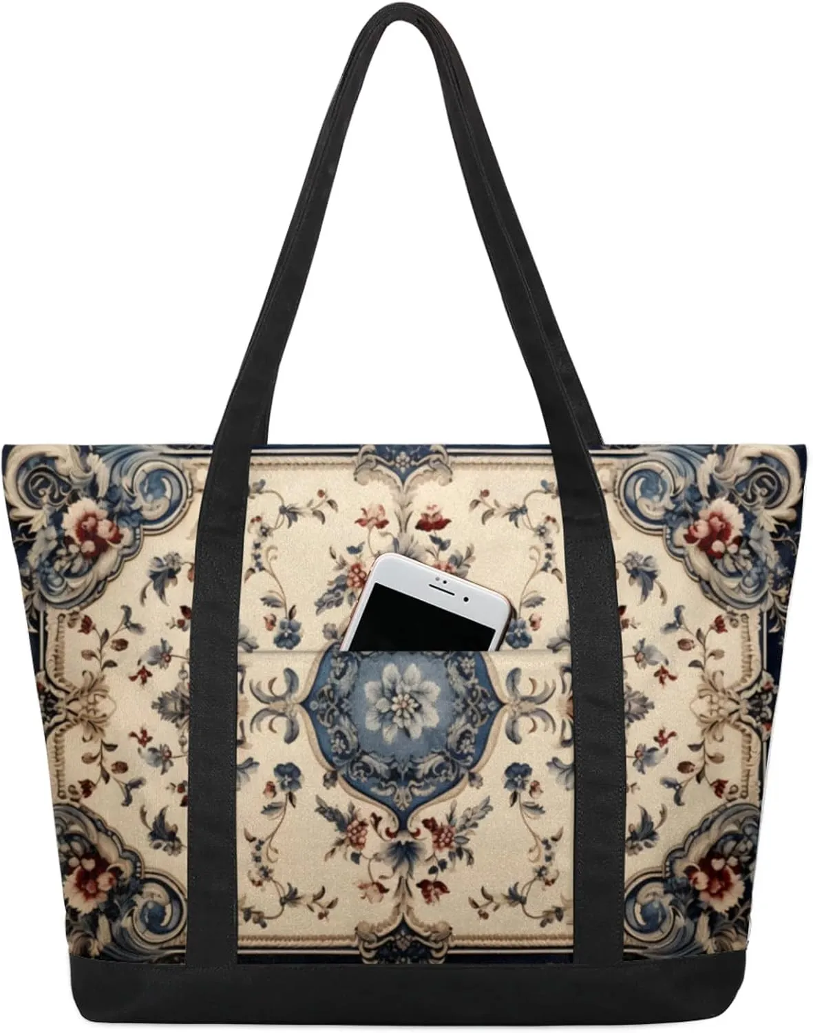 Watercolor Blue Wildflower Canvas Tote Bag Casual Shoulder Handbag Large Shopping Bags With 5 Pocket