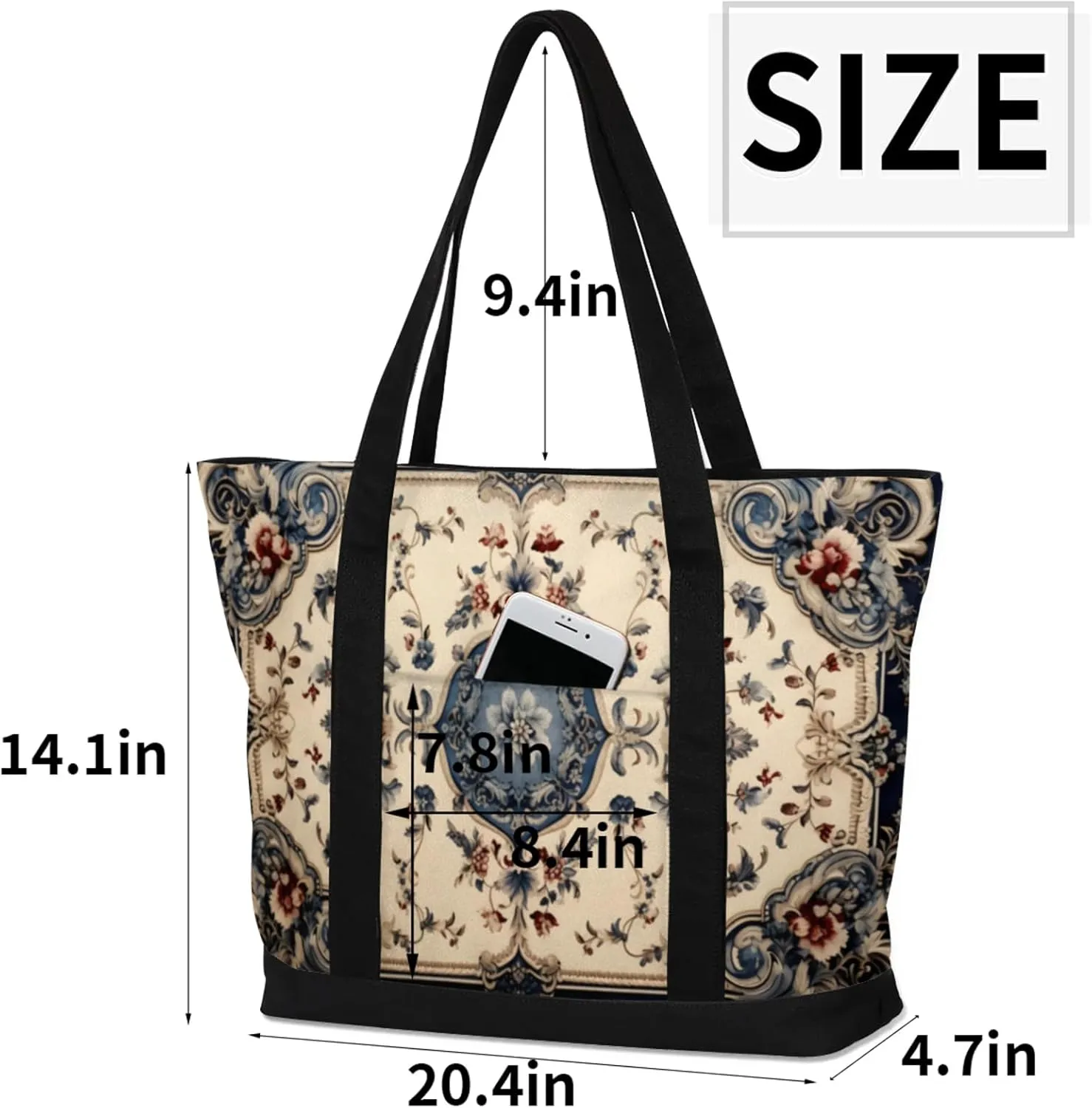 Watercolor Blue Wildflower Canvas Tote Bag Casual Shoulder Handbag Large Shopping Bags With 5 Pocket