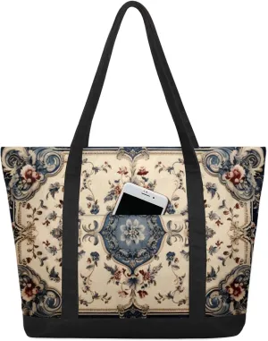 Watercolor Blue Wildflower Canvas Tote Bag Casual Shoulder Handbag Large Shopping Bags With 5 Pocket