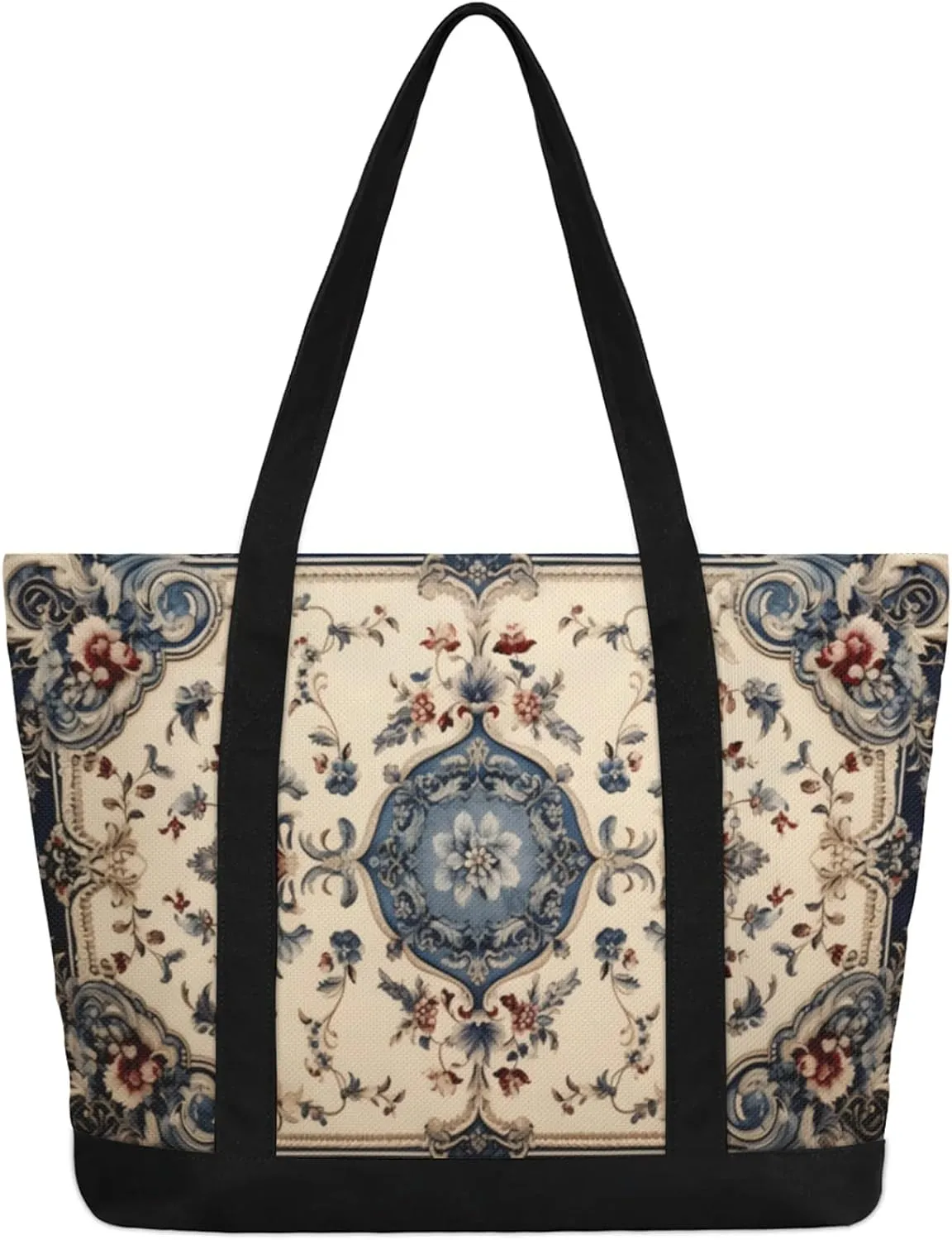 Watercolor Blue Wildflower Canvas Tote Bag Casual Shoulder Handbag Large Shopping Bags With 5 Pocket