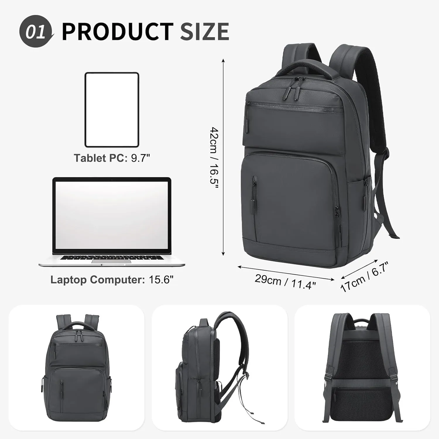 Waterproof Laptop Backpack for Men & Women, Flight Approved Anti-Theft Daypack with 15.6-inch Laptop Sleeve (Gray)