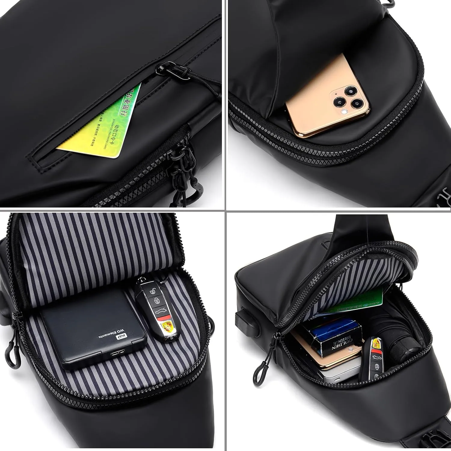 Waterproof Sling Bag for Men Crossbody Bag Shoulder travel Backpack Sling with USB Charging Port Anti Theft Cross Body Bag Chest Daypack for Hiking Sports Running Women-Black