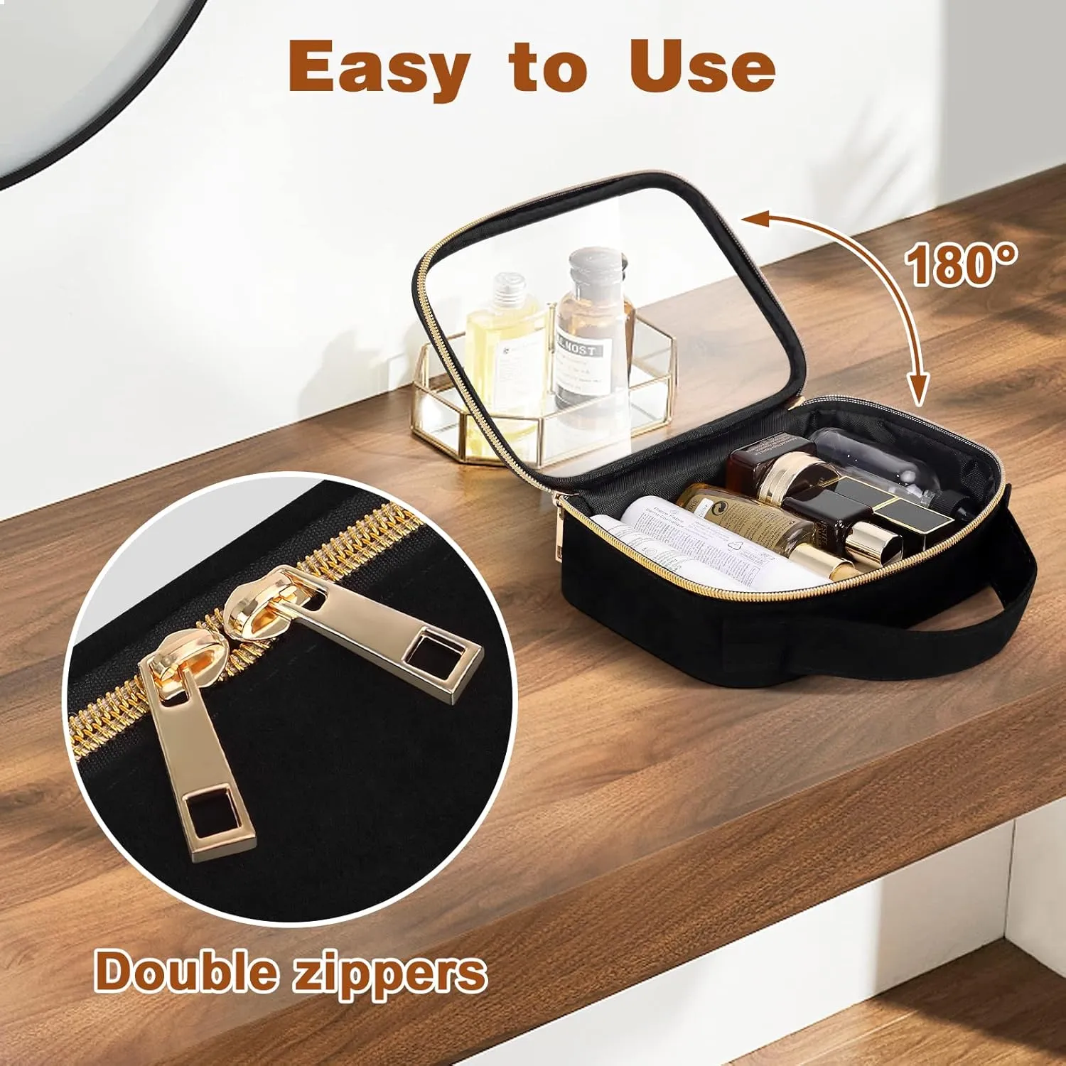 Wedama Clear Toiletry Bag, 2 Pack Clear Makeup Bags with Handles, Large Travel Bags PVC Cosmetic Bag for Women and Men, Carry on Airport Airline Compliant Bag, Black