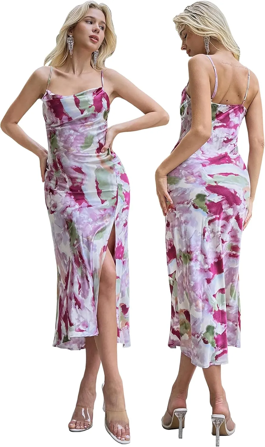 Wedding Guest Dress for Women Spaghetti Strap Satin Slip Cocktail Formal Midi Evening Party Dresses