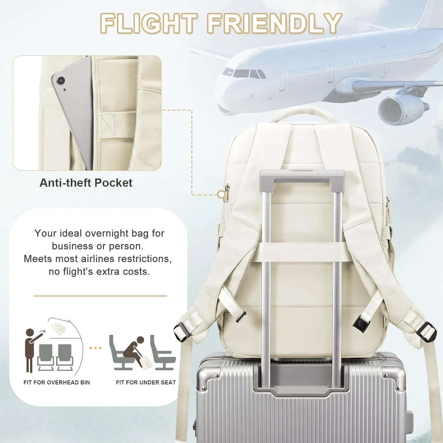 wepadre Beige Mochila De Viaje Travel Backpack Carry On Flight Approved Large Travel Backpack For Men Women Carry On Backpack For Airplanes Personal Item Travel Bag 18x14x8 Inches Travel Bag
