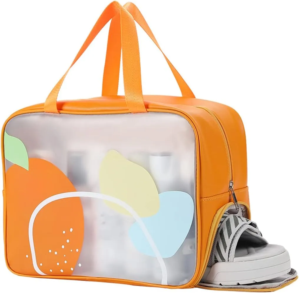 Wet Dry Separate Toiletry Bag Large Capacity Portable Travel Cosmetic Bag Handbag Organizer with Shoes Storage (Summer Orange)