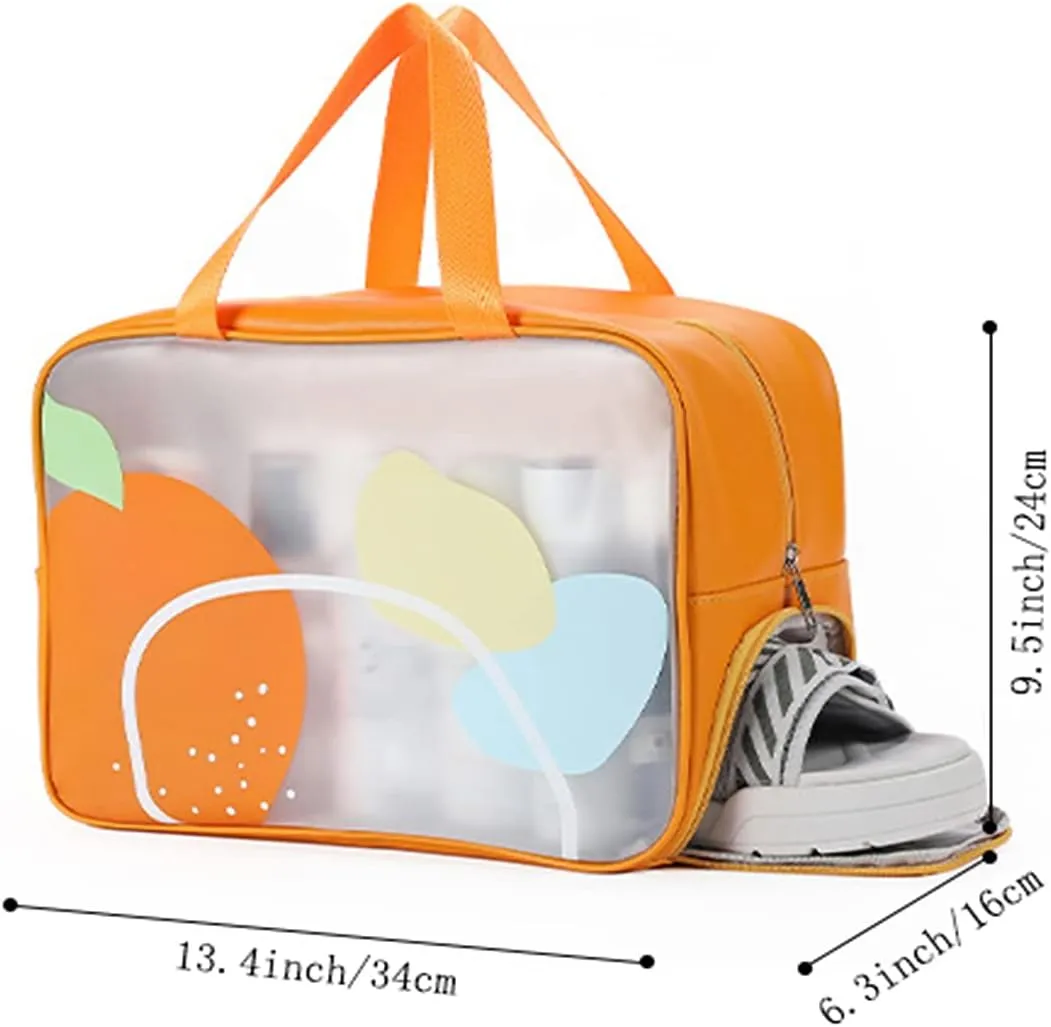 Wet Dry Separate Toiletry Bag Large Capacity Portable Travel Cosmetic Bag Handbag Organizer with Shoes Storage (Summer Orange)