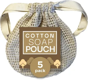 Whiffkitch Soap Pouch 5-Pack – Versatile Holder & Saver Set, Travel Soap Bags – Exfoliating Mesh Pouch, Cotton Soap Saver Bags for Shower & Bath, 4x5 inches