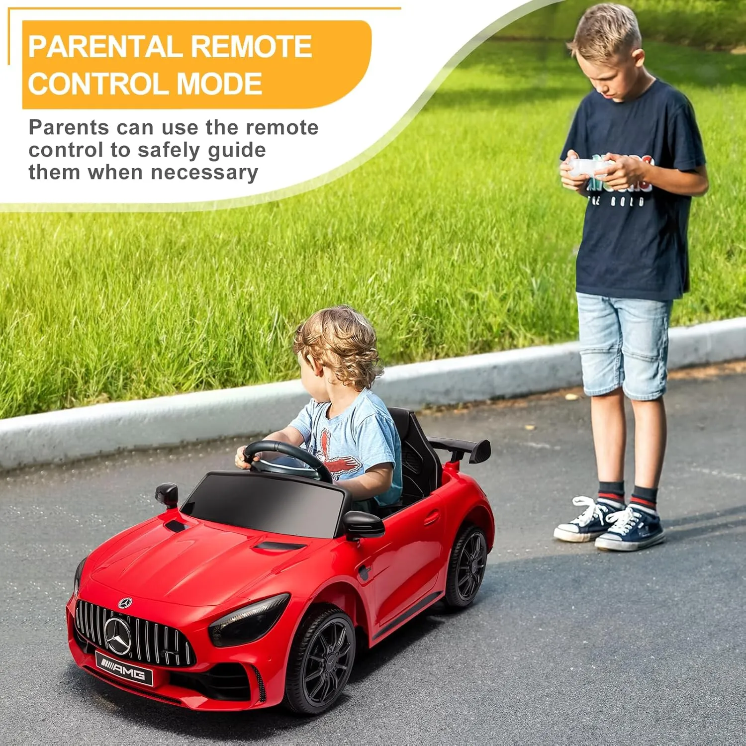 Winado 12V Ride on Car, Licensed Mercedes Benz AMG GTR Battery Powered Electric Vehicle, w/Parent Remote, Wider Seat, LED Lights, Openable Doors, MP3 Player, Smooth Start, 3 Speeds - Red
