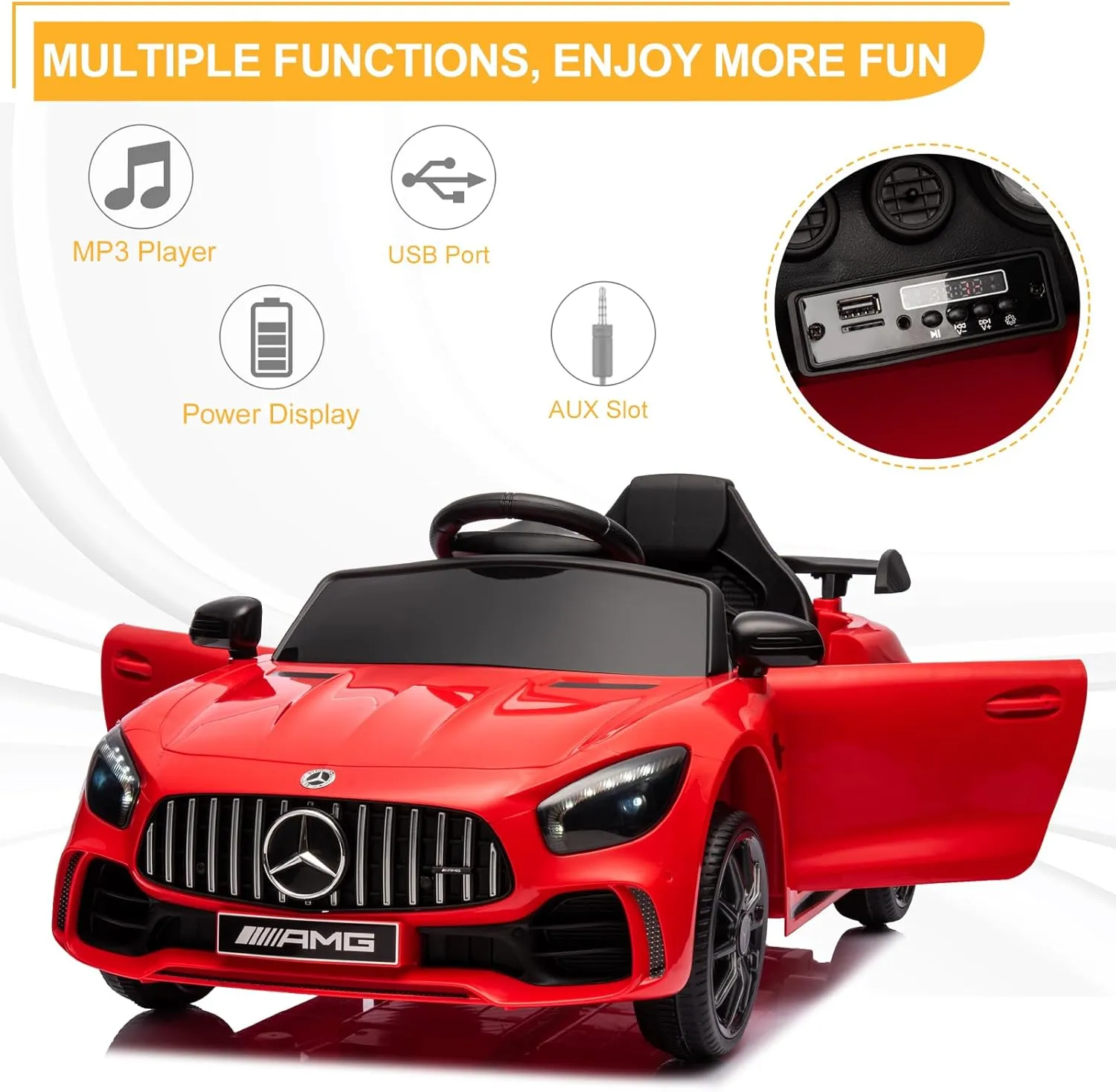 Winado 12V Ride on Car, Licensed Mercedes Benz AMG GTR Battery Powered Electric Vehicle, w/Parent Remote, Wider Seat, LED Lights, Openable Doors, MP3 Player, Smooth Start, 3 Speeds - Red