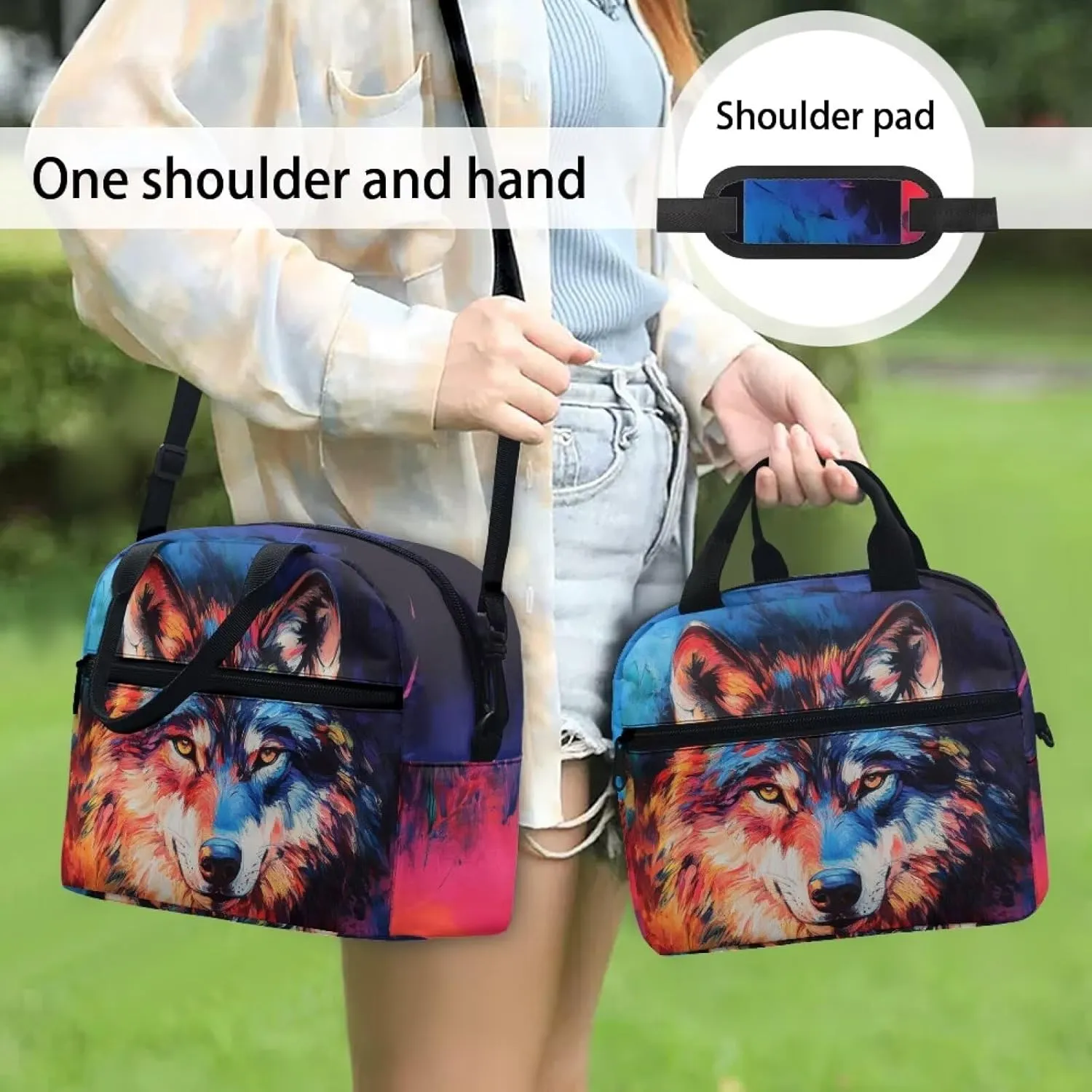 Wolf Work Lunch Bag for Men Work Reusable Lunchbag with Waterproof Lining Lightweight Insulated Lunchbox Tote with Zipper Crossbody Style Lunch Box Pouch