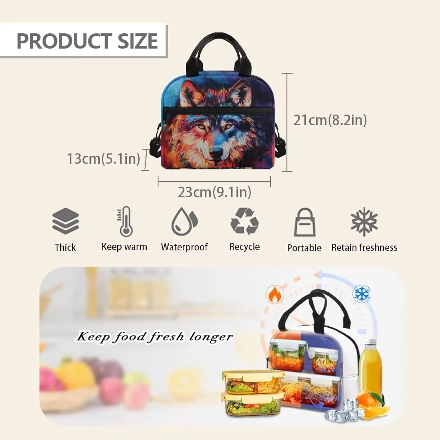 Wolf Work Lunch Bag for Men Work Reusable Lunchbag with Waterproof Lining Lightweight Insulated Lunchbox Tote with Zipper Crossbody Style Lunch Box Pouch