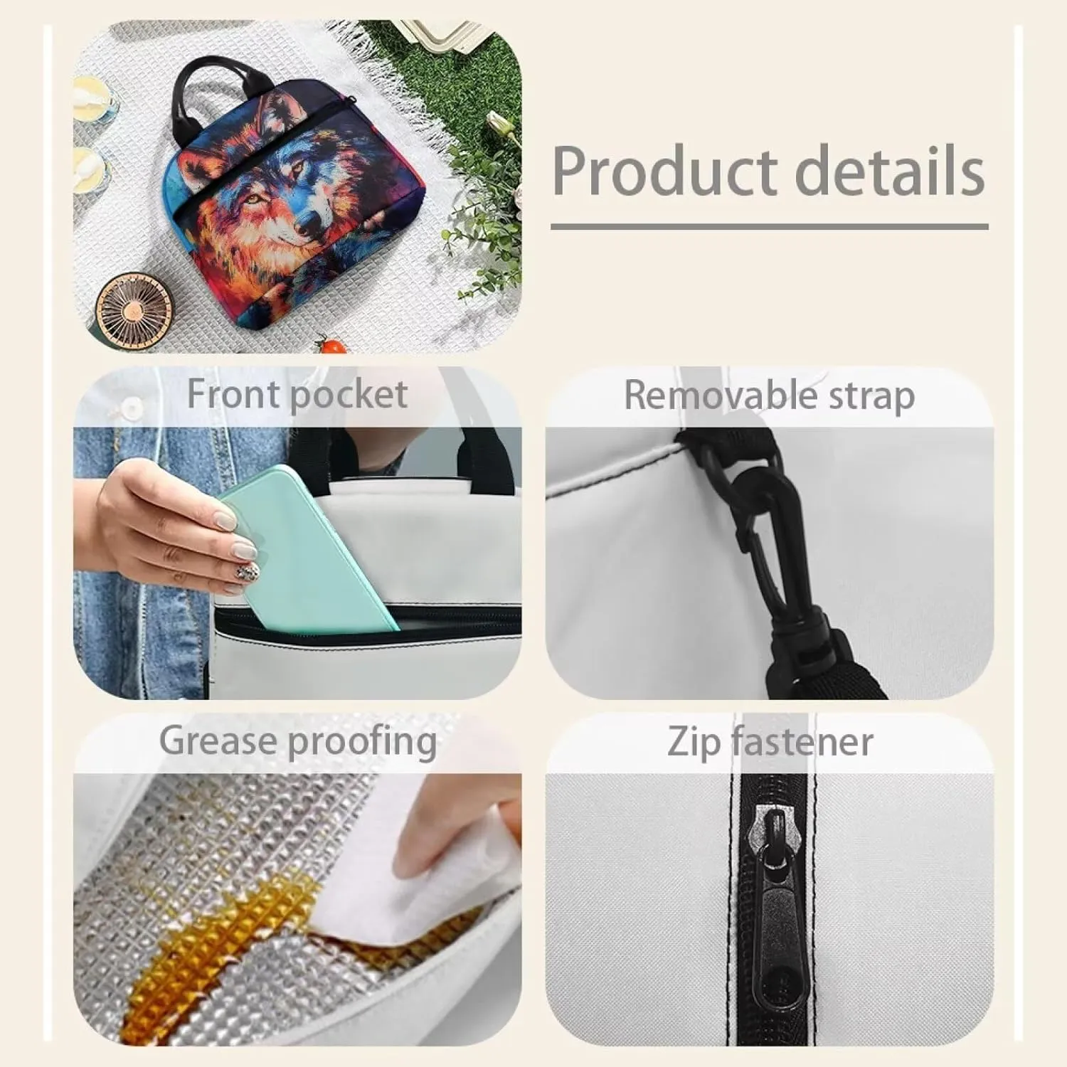 Wolf Work Lunch Bag for Men Work Reusable Lunchbag with Waterproof Lining Lightweight Insulated Lunchbox Tote with Zipper Crossbody Style Lunch Box Pouch