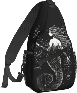 Women Black Beautiful Mermaid Crossbody Sling Backpack for Men Chest Bag Shoulder Bag Lightweight One Strap Backpack Travel Outdoor Daypack