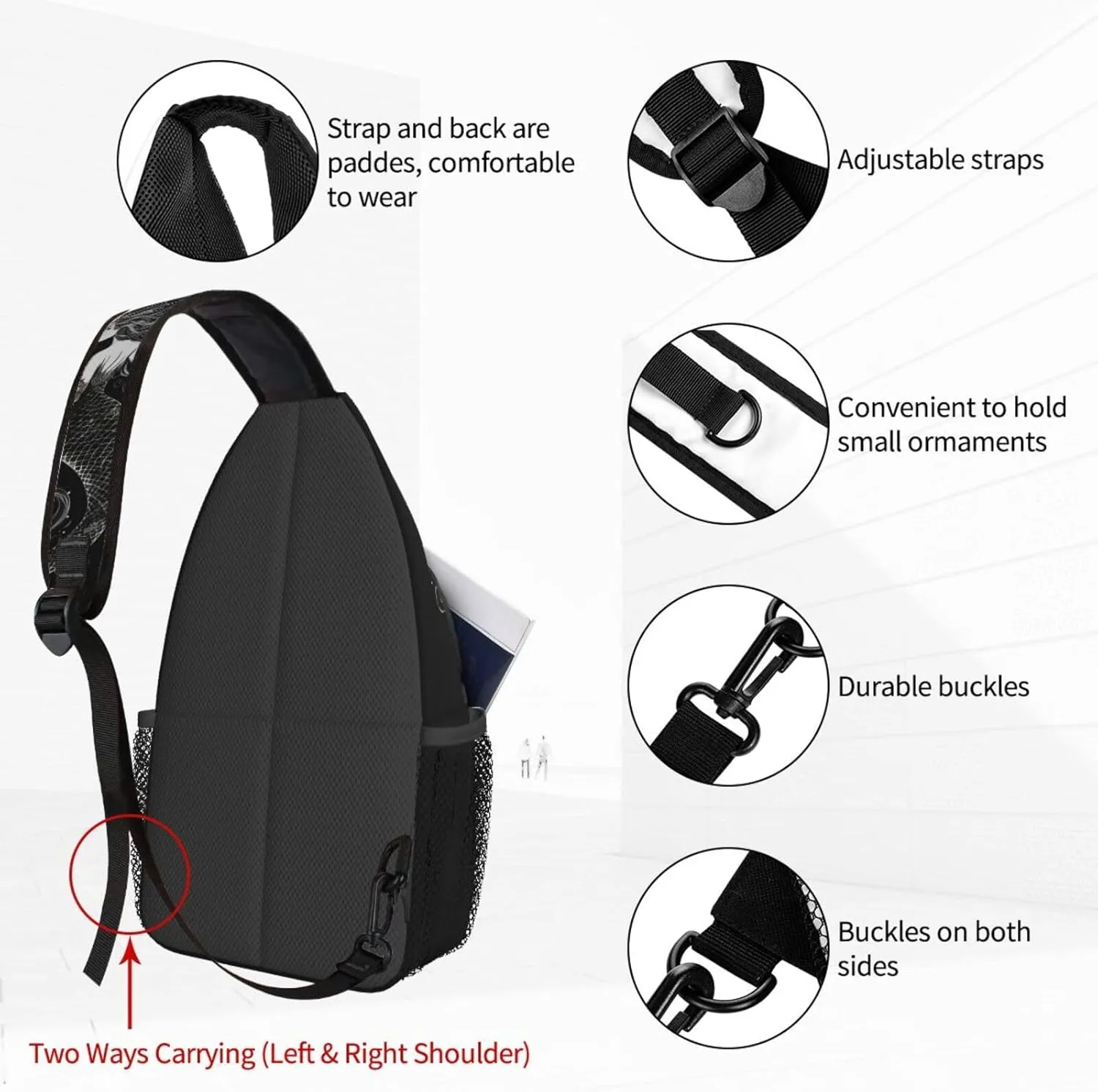 Women Black Beautiful Mermaid Crossbody Sling Backpack for Men Chest Bag Shoulder Bag Lightweight One Strap Backpack Travel Outdoor Daypack
