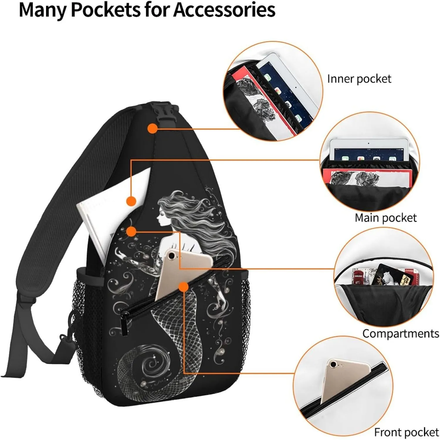 Women Black Beautiful Mermaid Crossbody Sling Backpack for Men Chest Bag Shoulder Bag Lightweight One Strap Backpack Travel Outdoor Daypack