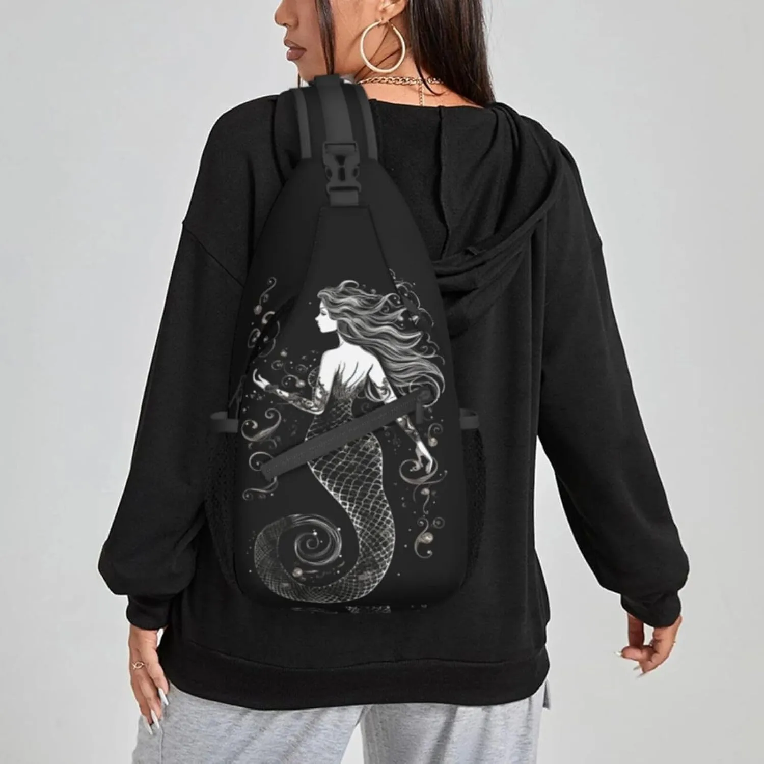 Women Black Beautiful Mermaid Crossbody Sling Backpack for Men Chest Bag Shoulder Bag Lightweight One Strap Backpack Travel Outdoor Daypack