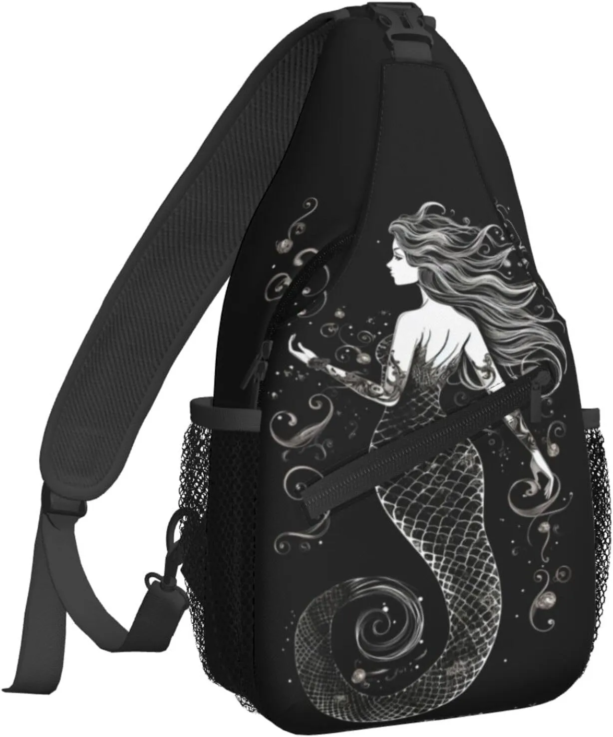 Women Black Beautiful Mermaid Crossbody Sling Backpack for Men Chest Bag Shoulder Bag Lightweight One Strap Backpack Travel Outdoor Daypack