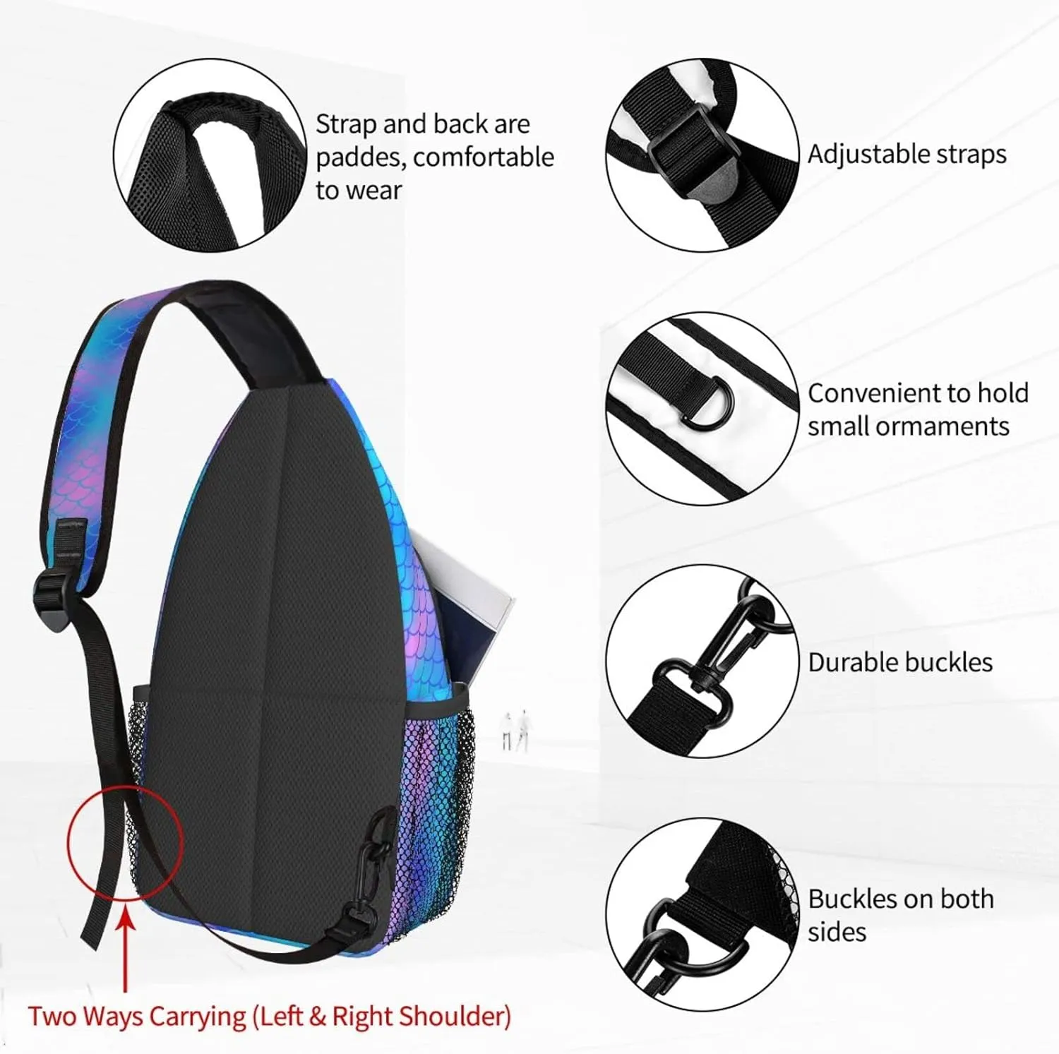 Women Blue Mermaid Scale Crossbody Sling Backpack for Men Chest Bag Shoulder Bag Lightweight One Strap Backpack Travel Outdoor Daypack