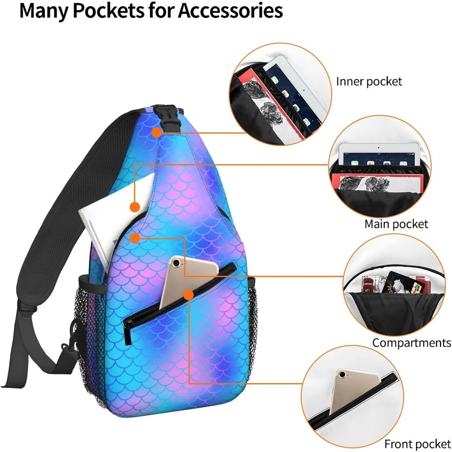 Women Blue Mermaid Scale Crossbody Sling Backpack for Men Chest Bag Shoulder Bag Lightweight One Strap Backpack Travel Outdoor Daypack