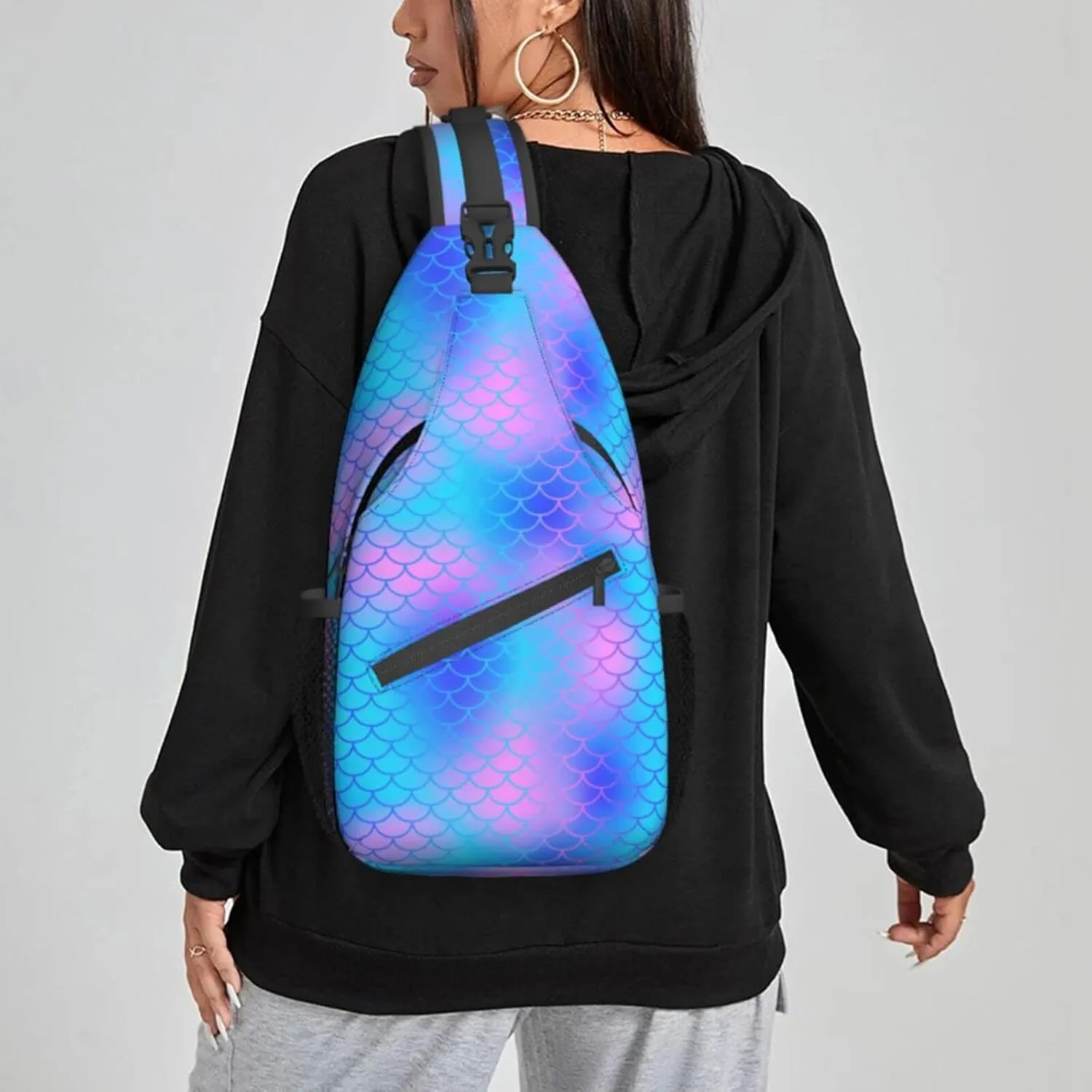 Women Blue Mermaid Scale Crossbody Sling Backpack for Men Chest Bag Shoulder Bag Lightweight One Strap Backpack Travel Outdoor Daypack