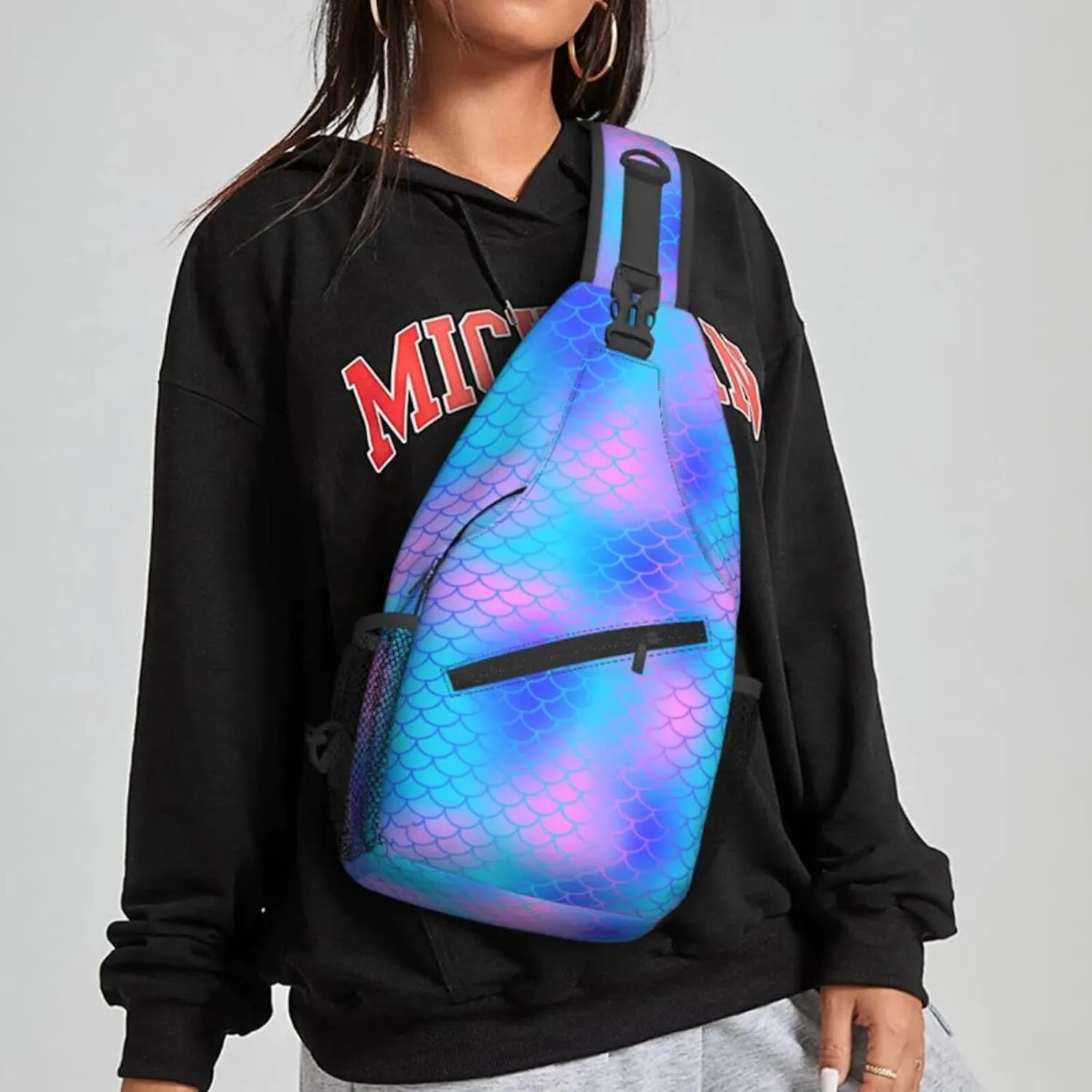 Women Blue Mermaid Scale Crossbody Sling Backpack for Men Chest Bag Shoulder Bag Lightweight One Strap Backpack Travel Outdoor Daypack