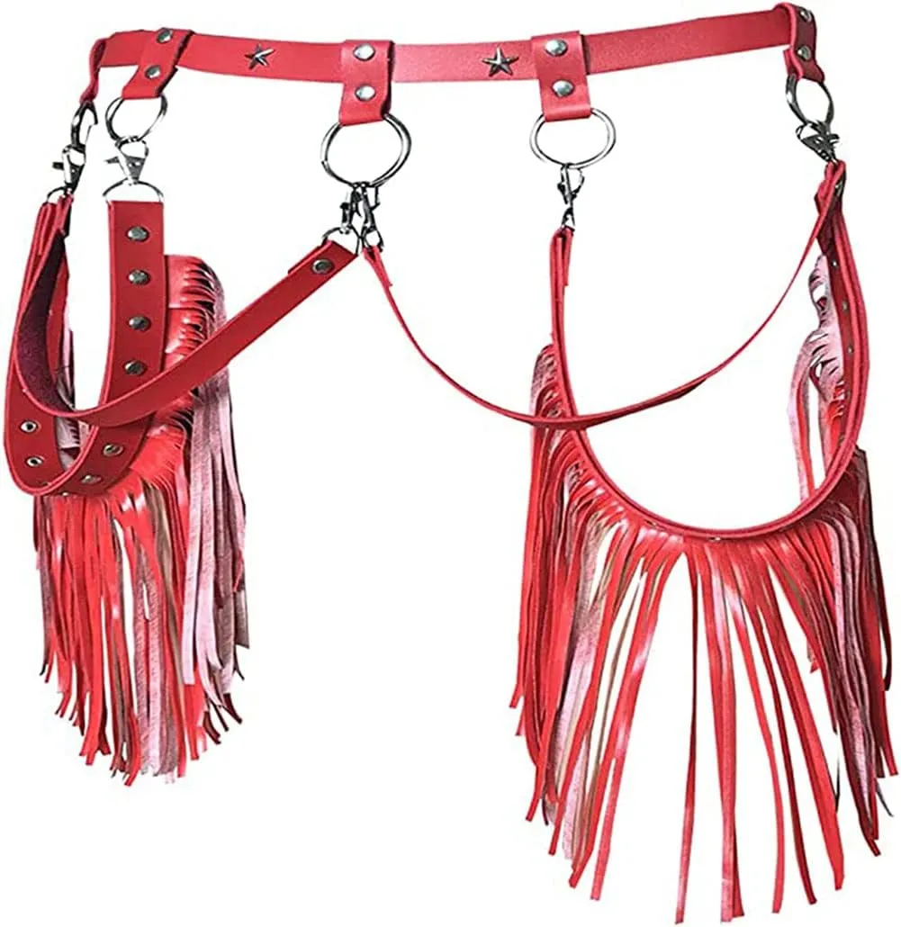 Women Body Harness Garter Punk Leather Waist Belts with Fringe Gothic Leg Tassel Belt for Dress Festival Dance Consume