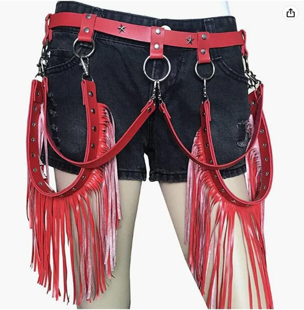 Women Body Harness Garter Punk Leather Waist Belts with Fringe Gothic Leg Tassel Belt for Dress Festival Dance Consume