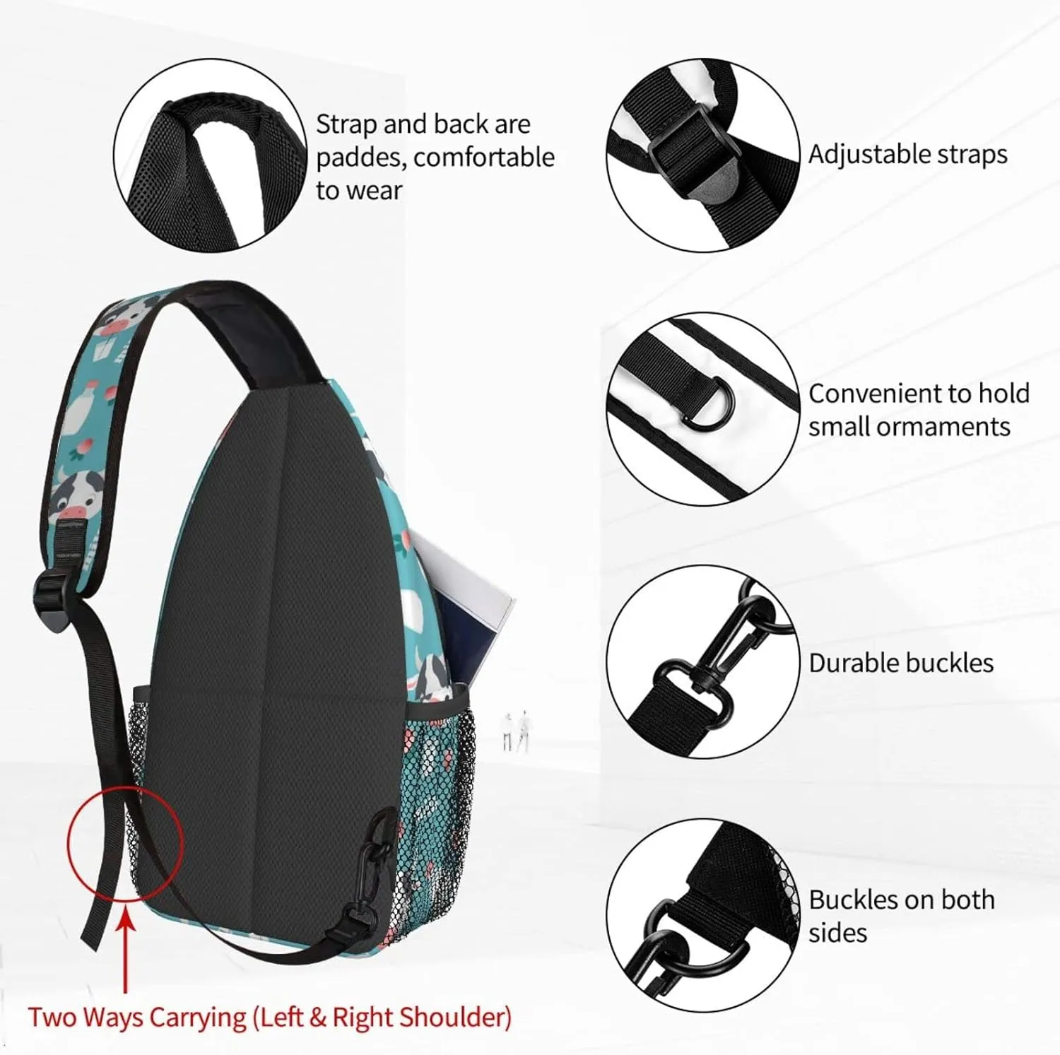 Women Cartoon Cow Milk Strawberry Crossbody Sling Backpack for Men Chest Bag Shoulder Bag Lightweight One Strap Backpack Travel Outdoor Daypack