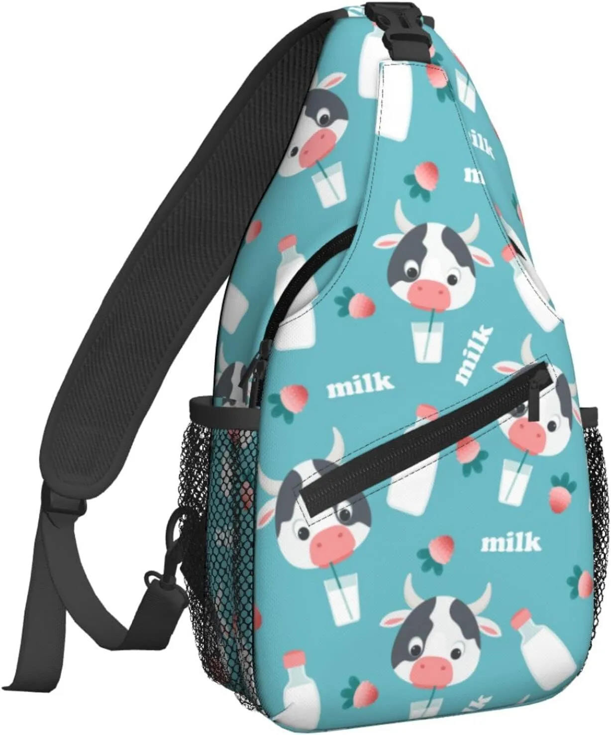 Women Cartoon Cow Milk Strawberry Crossbody Sling Backpack for Men Chest Bag Shoulder Bag Lightweight One Strap Backpack Travel Outdoor Daypack