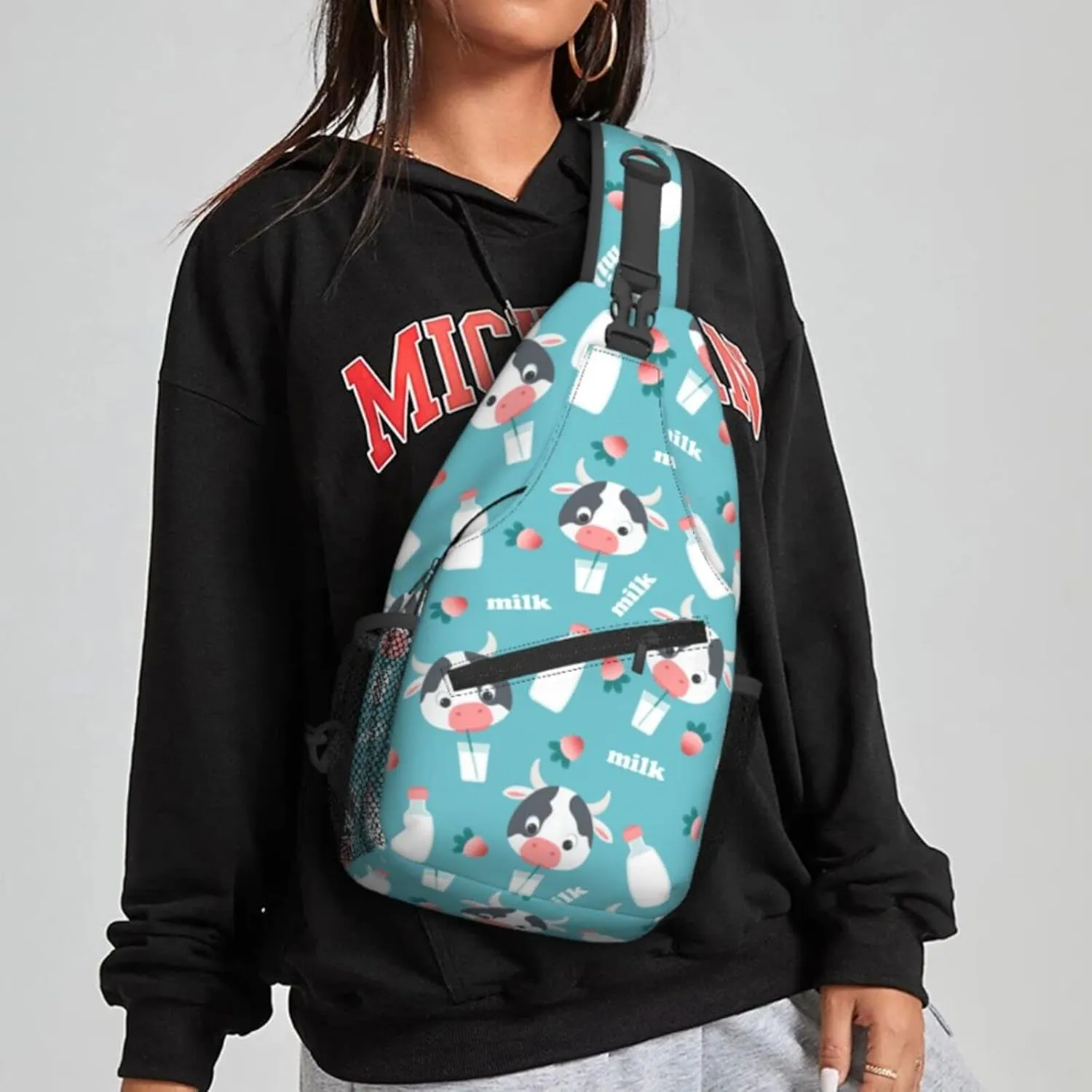 Women Cartoon Cow Milk Strawberry Crossbody Sling Backpack for Men Chest Bag Shoulder Bag Lightweight One Strap Backpack Travel Outdoor Daypack