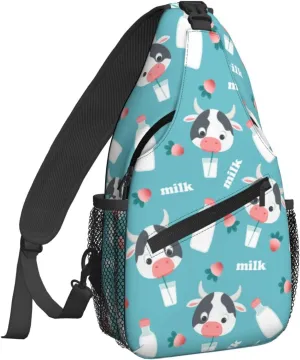 Women Cartoon Cow Milk Strawberry Crossbody Sling Backpack for Men Chest Bag Shoulder Bag Lightweight One Strap Backpack Travel Outdoor Daypack