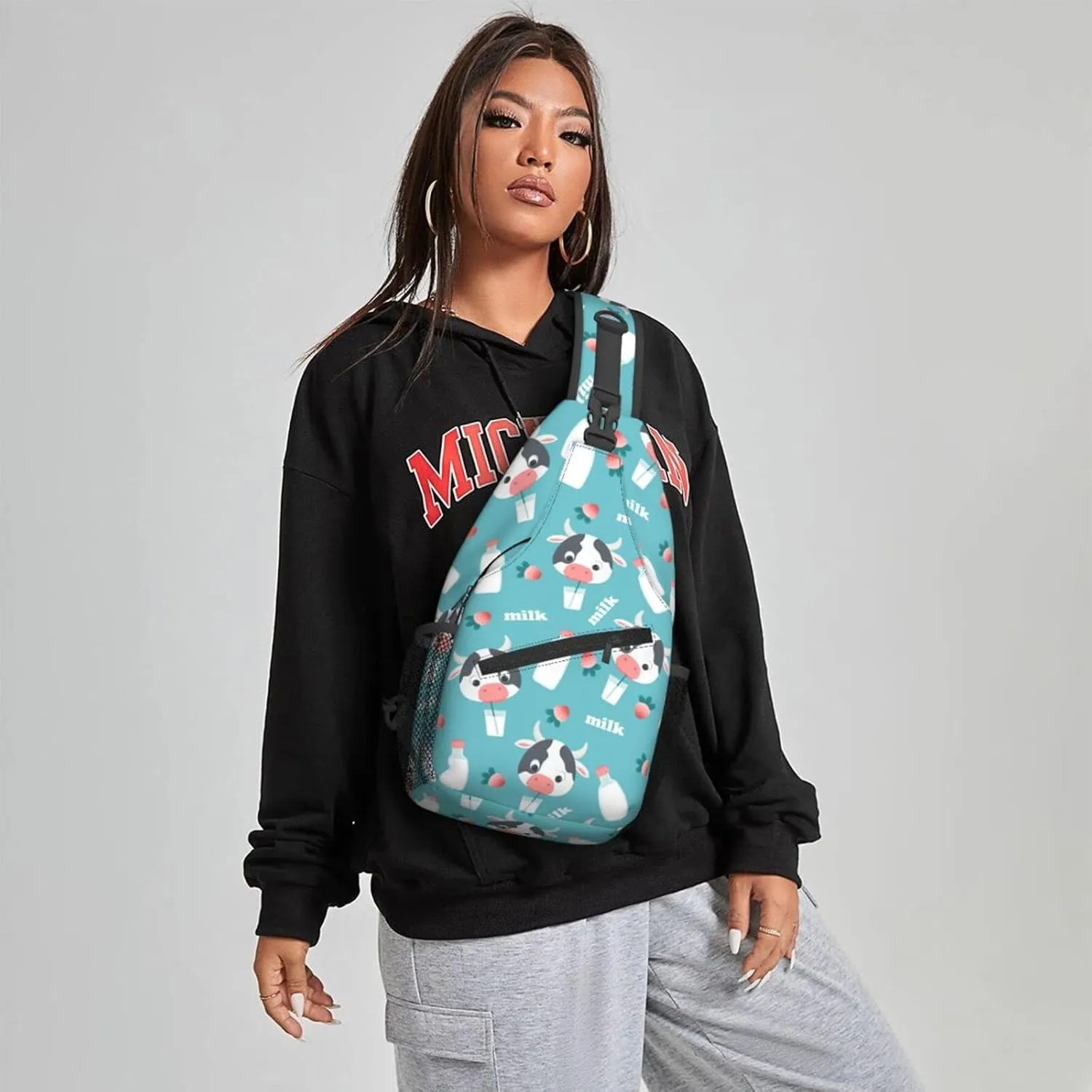 Women Cartoon Cow Milk Strawberry Crossbody Sling Backpack for Men Chest Bag Shoulder Bag Lightweight One Strap Backpack Travel Outdoor Daypack