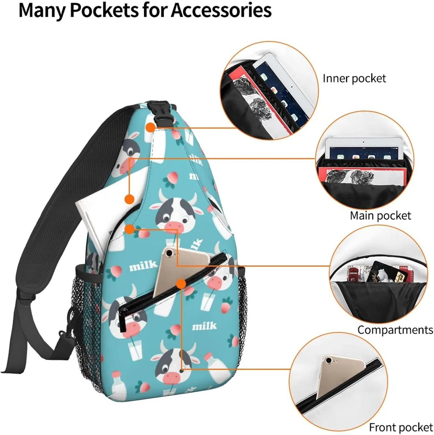 Women Cartoon Cow Milk Strawberry Crossbody Sling Backpack for Men Chest Bag Shoulder Bag Lightweight One Strap Backpack Travel Outdoor Daypack