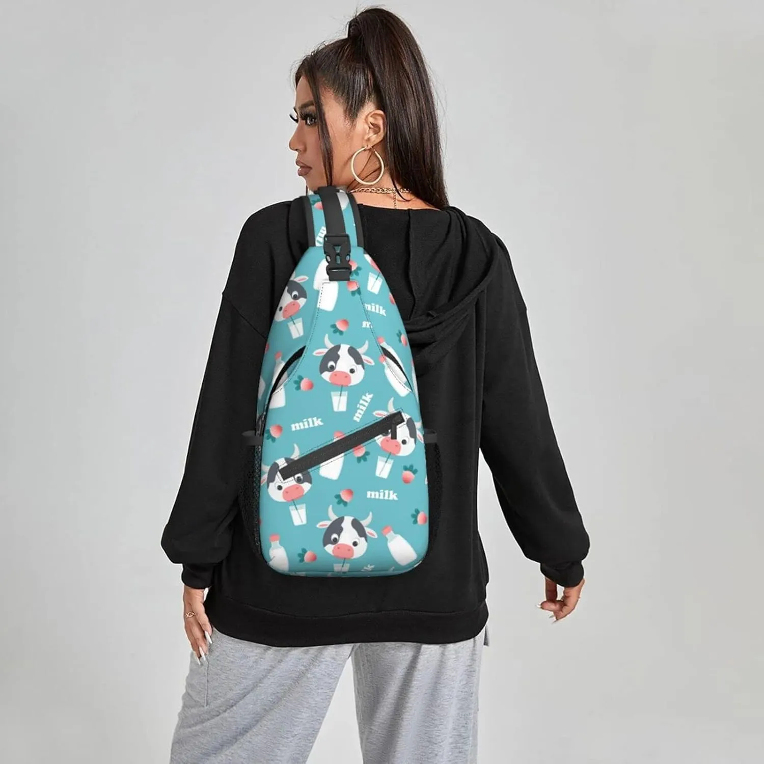 Women Cartoon Cow Milk Strawberry Crossbody Sling Backpack for Men Chest Bag Shoulder Bag Lightweight One Strap Backpack Travel Outdoor Daypack