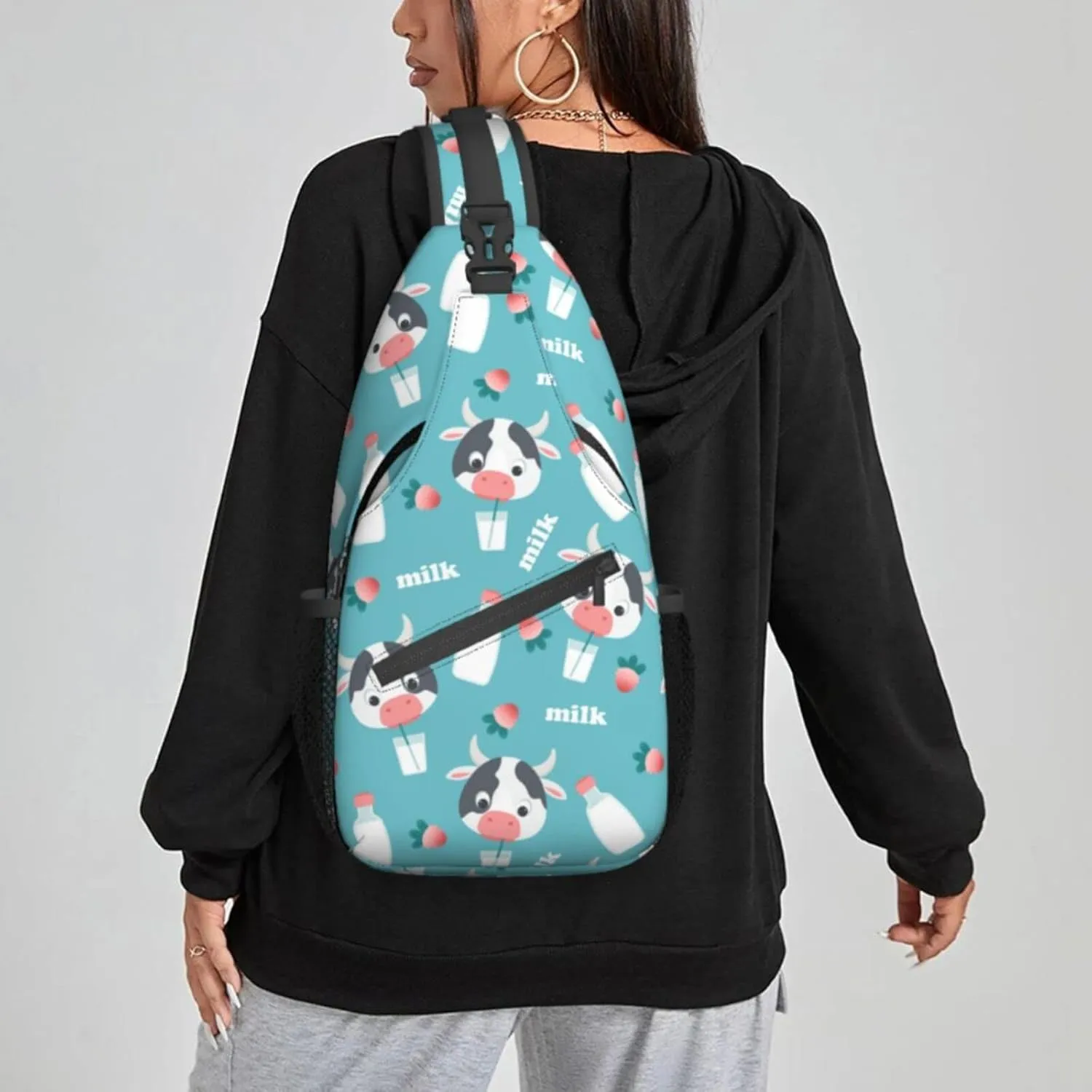Women Cartoon Cow Milk Strawberry Crossbody Sling Backpack for Men Chest Bag Shoulder Bag Lightweight One Strap Backpack Travel Outdoor Daypack