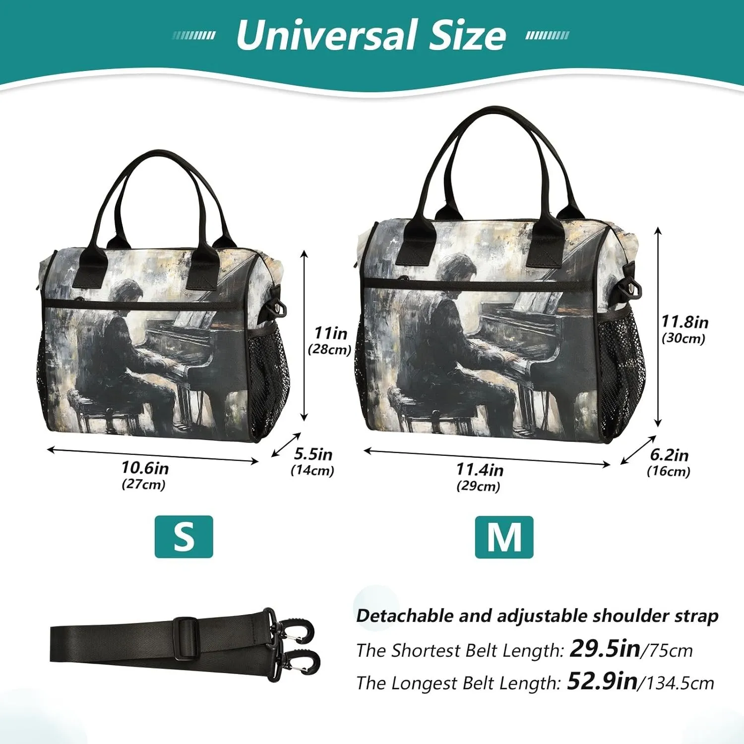 Women Cooler Bags Lunch Bag Reusable Insulated Lunch Bags Pianist Painting 1 Crossbody with Shoulder Strap Adults S