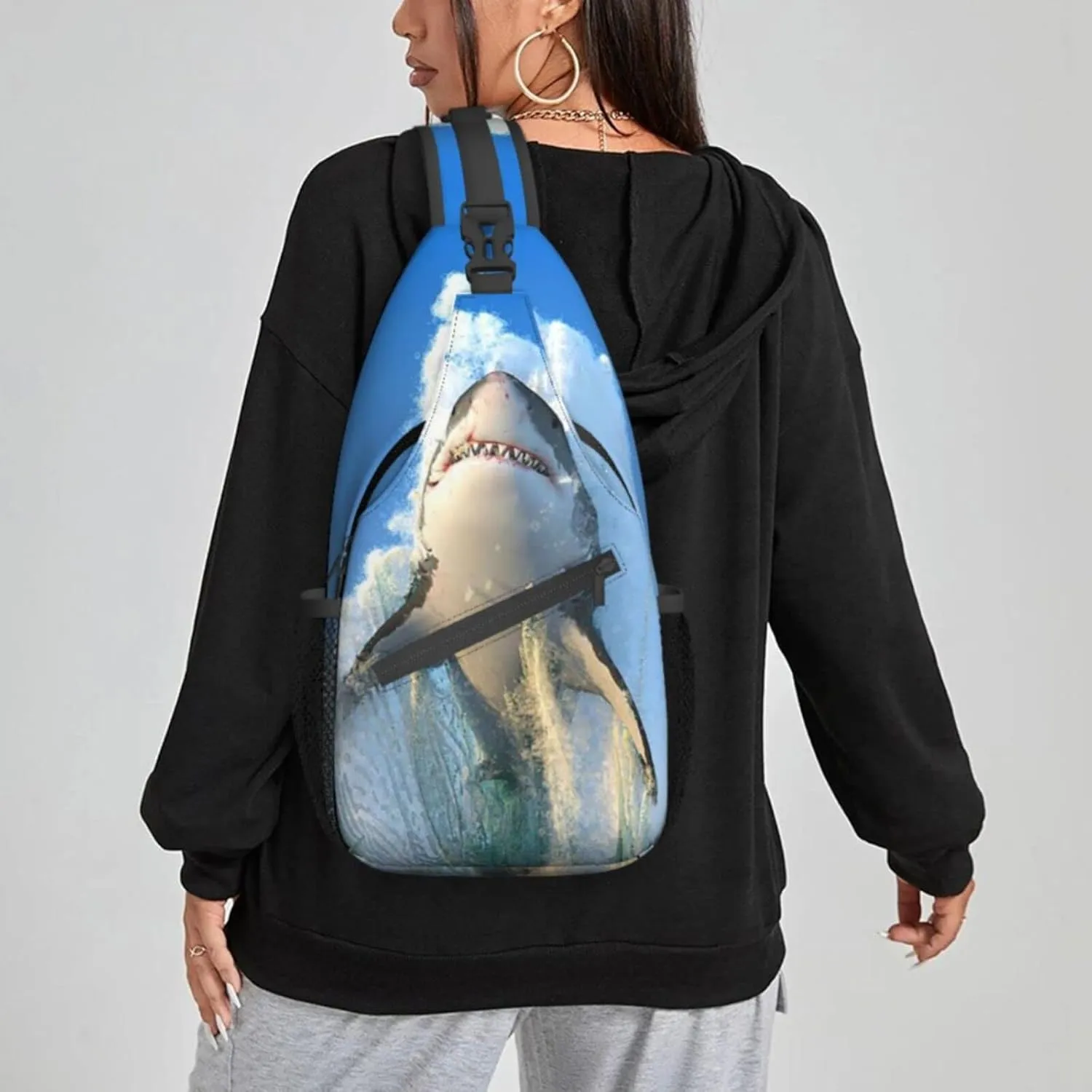 Women Jumping Shark Crossbody Sling Backpack for Men Chest Bag Shoulder Bag Lightweight One Strap Backpack Travel Outdoor Daypack